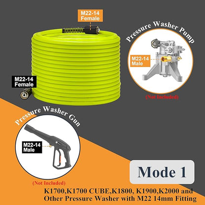 M MINGLE Pressure Washer Hose 50 FT x 1/4", Kink Resistant Power Washer Hose with M22-14 Male Thread to Plug, Compatible with Karcher K2 K3 K4 K5 K6 K7, 3600PSI