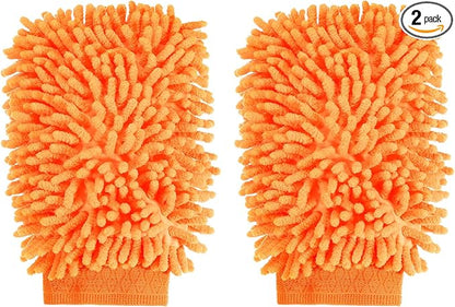 HARFINGTON 2pcs Chenille Microfiber Car Wash Mitts 9.8" x 7.9" Scratch Free Wash Gloves Absorbent Double Sided Plush Cleaning Drying Mitts for Car Washing Home Orange Yellow