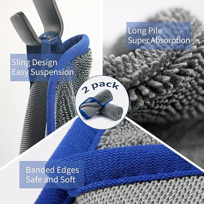 SHSCLY Car Drying Towels, Microfiber 2-Pack (29"x33"), Ultra Absorbent & Scratch-Free, Thick Twist Pile for Auto Detailing & Water Removal, Grey with Blue Trim