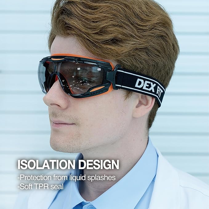 DEX FIT Protective Safety Goggles SG220; Anti Fog & Scratch, Z87 Eye Protection for Work, Adjustable for Women and Men, (Black & Blue Frame, Tinted Lens, 19cm Strap)
