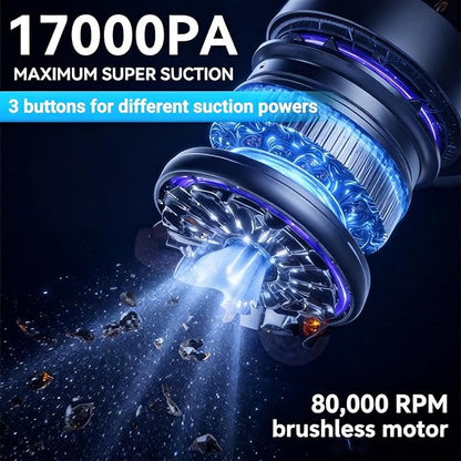 Portable Cordless Car Vacuum Cleaner,Mini Handheld Vacuum Cordless for Car,With Battery Level and Gear Display,High Power Suction of 17000PA,Large Battery Capacity and Supports Fast Charging
