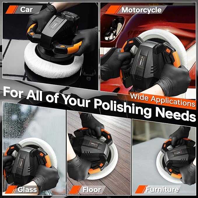 THINKWORK Buffer Polisher, 20V Cordless Buffer Polisher, 10 Inch Portable Polishing Machine Kit for Car, 2Pcs 2Ah Rechargeable Battery, 6 Variable Speed 1500-3600RPM,Double handle,Ideal for Car Waxing