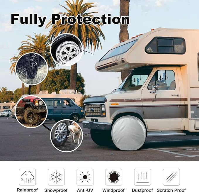 Explore Land Weatherproof Tire Covers 4 Pack Alumium Wheel Protector for Truck, SUV, Trailer, Camper, RV,S (Fits Diameter 26"-28.75"), Silver, Set of 4