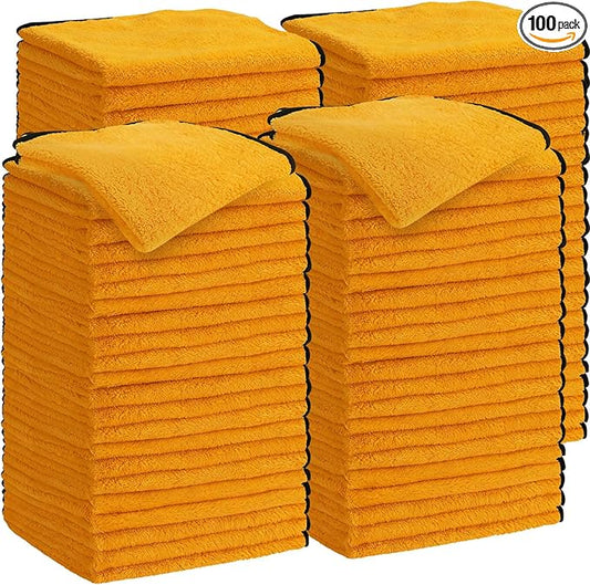 Tallew 100 Pcs Microfiber Towels 16 Inch x 16 Inch Microfiber Cloth Car Drying Towels for Cars Washing Polishing Office Windows Cleaning Household Supplies (Yellow)