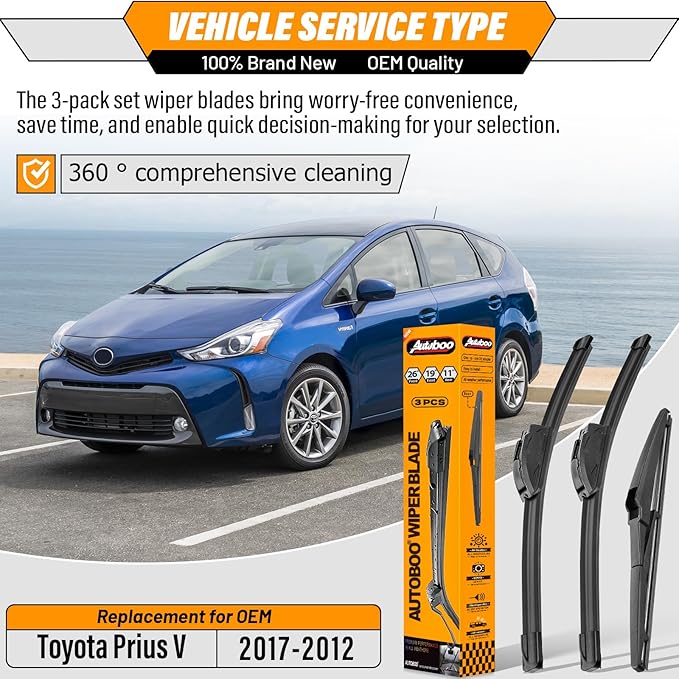 AUTOBOO 26"+19" Windshield Wipers with 11" Rear Wiper Blade Replacement for 2012 2013 2014 2015 2016 2017 Toyota Prius V -Original Factory Quality (Pack of 3)
