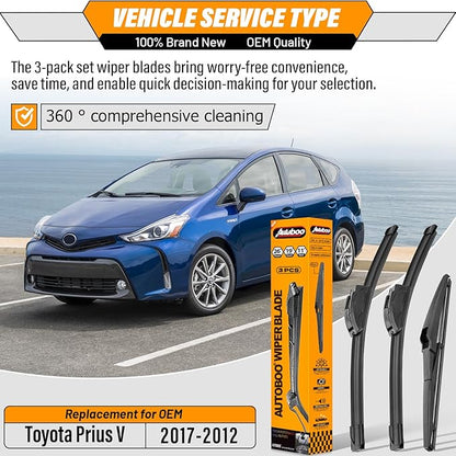 AUTOBOO 26"+19" Windshield Wipers with 11" Rear Wiper Blade Replacement for 2012 2013 2014 2015 2016 2017 Toyota Prius V -Original Factory Quality (Pack of 3)