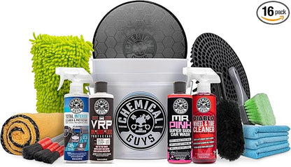 Chemical Guys Car Detailing Kit, Car Cleaning Kit with Total Interior Cleaner & Protectant, Sprayable Wheel Cleaner, Car Wash Soap, Bucket, Brushes, and Detailing Accessories - 16 Piece Wash Kit