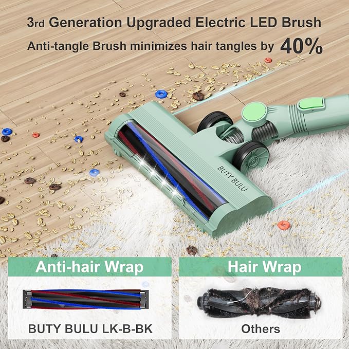 BUTY BULU Cordless Vacuum Cleaner, Handheld Stick2200mAh Rechargeable Battery 30KPa Lightweight Small Vac Electirc Broom, 40Mins Runtime for Home Hard Floor Carpet Pet Hair Cleaning, LED Screen