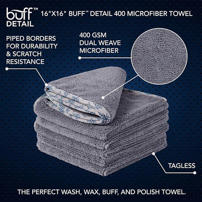 Detail Microfiber Car Towels Bulk (16"x 16")| 400 GSM | 80/20 Blend | Tagless | Soft Satin Piped Edges | All-Purpose Auto Detailing - Wax, Buff, Polish, Wash, Dry | Case of 144 (Gray)