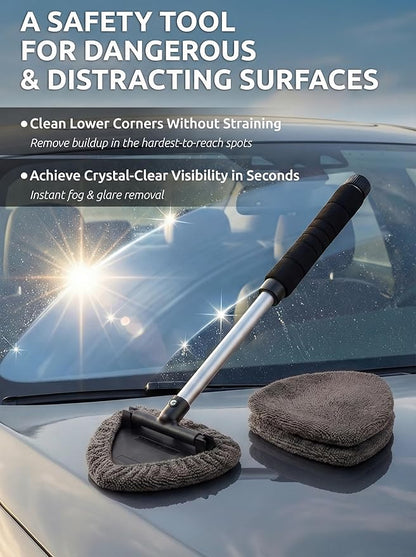 TAKAVU Car Window Cleaning Tool, Windshield Wiper Cleaner with Extendable Long-Reach Handle, 3 Washable Reusable Microfiber Bonnets, Car & Home Inside Interior Exterior Use - Lint Free (Grey)