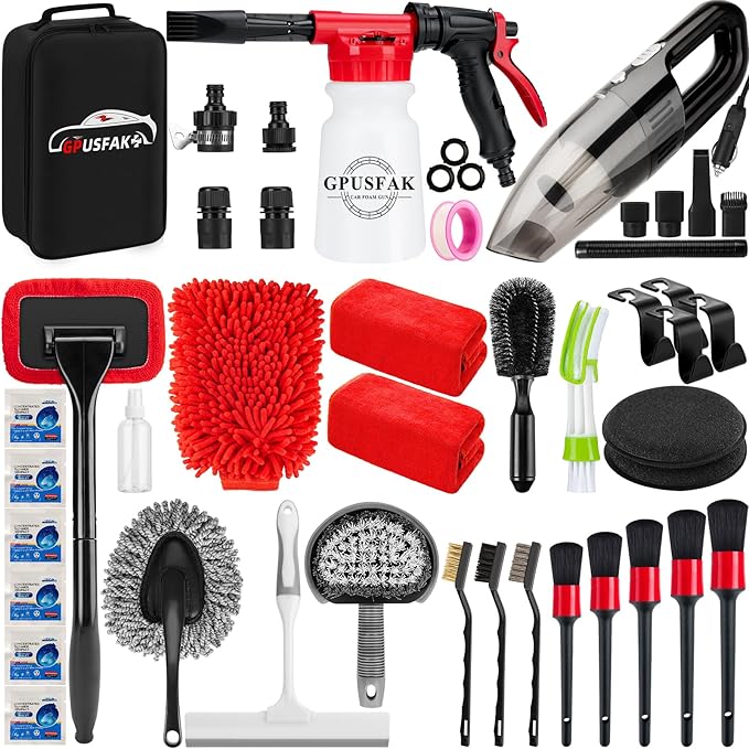 GPUSFAK 42Pcs Car Wash Cleaning Kit with Foam Gun Sprayer Detailing Brushes Car Vacuum Windshield Cleaning Tool Tire Brush Towels Complete Interior Exterior Detailing Set for Car