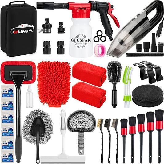 GPUSFAK 42Pcs Car Wash Cleaning Kit with Foam Gun Sprayer Detailing Brushes Car Vacuum Windshield Cleaning Tool Tire Brush Towels Complete Interior Exterior Detailing Set for Car