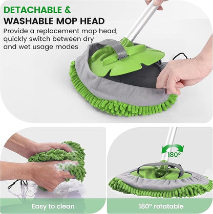 Car Wash Brush with Long Handle, 60'' Car Wash Mop, 7Pcs Chenille Microfiber Cars Washing Kit with Window Squeegee/Microfiber Towels /Wheel Brush for Cars RV Truck Boat Floor Window, Green