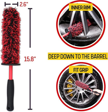 Metal Free Microfiber Wheel Brush Kit- Microfiber Angled Wheel Brush, Long Handle Wheel Brush, Tire& Detailing Brush, Wheel Wash Mitt. Hands-On Wheel Detailing Kit for Daily Wheel Cleaning