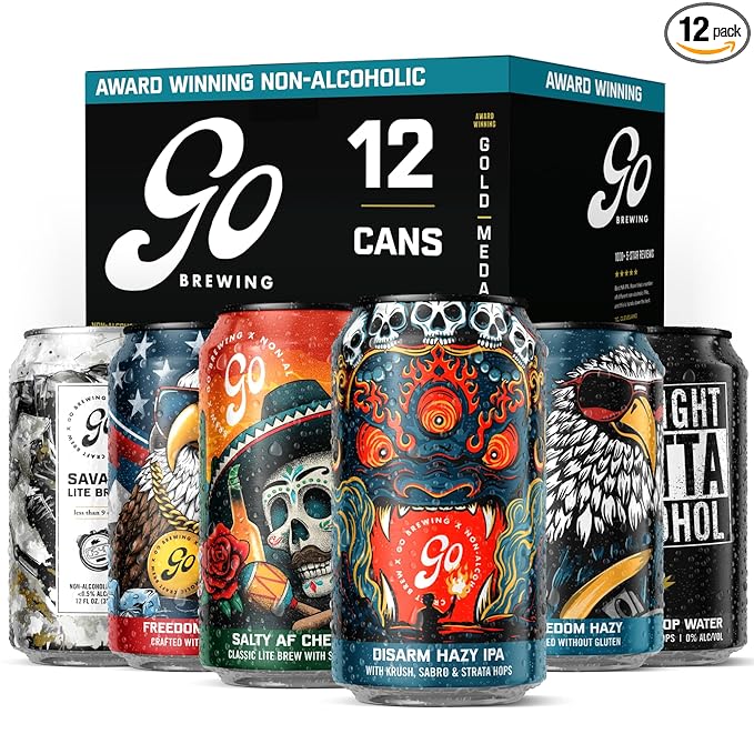 Go Brewing - 12 Mixed Sampler Pack - Non-Alcoholic Craft Brew - Small Batch Brew - Classic Ingredient - Non Alcoholic Beer Variety Pack - Low-Calorie, NA Brew - Ideal for Any Occasion (12 oz, 12 Pack)