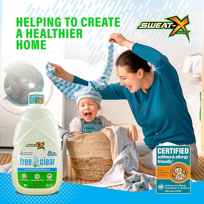 Sweat X Free & Clear Activewear Laundry Detergent – Certified Asthma & Allergy Friendly® – Hypoallergenic – Removes Toughest Stains & Odors – High-Performance Sports Wash – 45 Loads/Bottle – 2 Pack