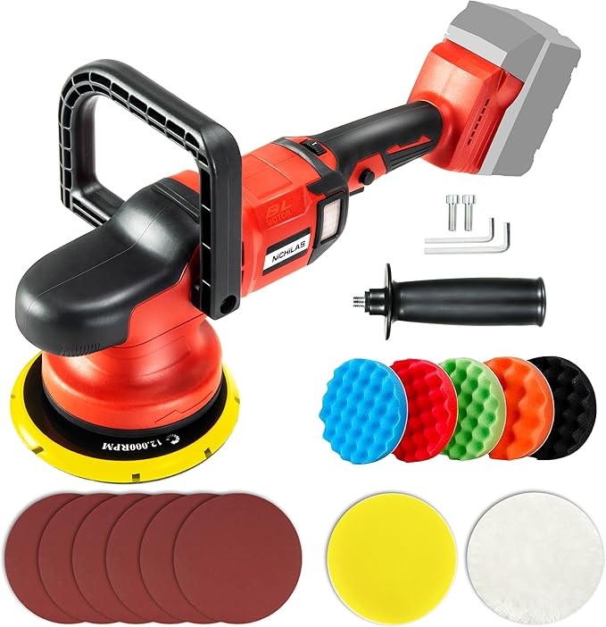 Nichilas Cordless Car Polisher, Orbital Portable Polishing Waxer Machine with Brushless Motor 6 speeds 750-6800RPM, Compatible with Milwaukee M18 Batteries (NO BATTERY)