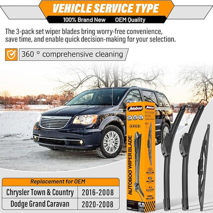 AUTOBOO 26"+20" Windshield Wipers with 16" Rear Wiper Blade Replacement for Dodge Grand Caravan 2008-2014 2015 2016 2017 2018 2019 2020 Town & Country -Original Factory Quality (Pack of 3)
