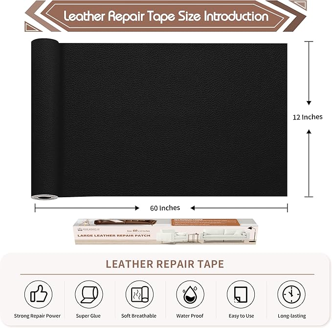 KING MOUNTAIN Leather Repair Patch,12 x 60 Inches self Adhesive Leather Repair Tape for Damaged Leather Furniture, Sofa Seating,Car Seats, Leather Goods（Black）
