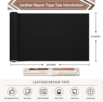 KING MOUNTAIN Leather Repair Patch,12 x 60 Inches self Adhesive Leather Repair Tape for Damaged Leather Furniture, Sofa Seating,Car Seats, Leather Goods（Black）