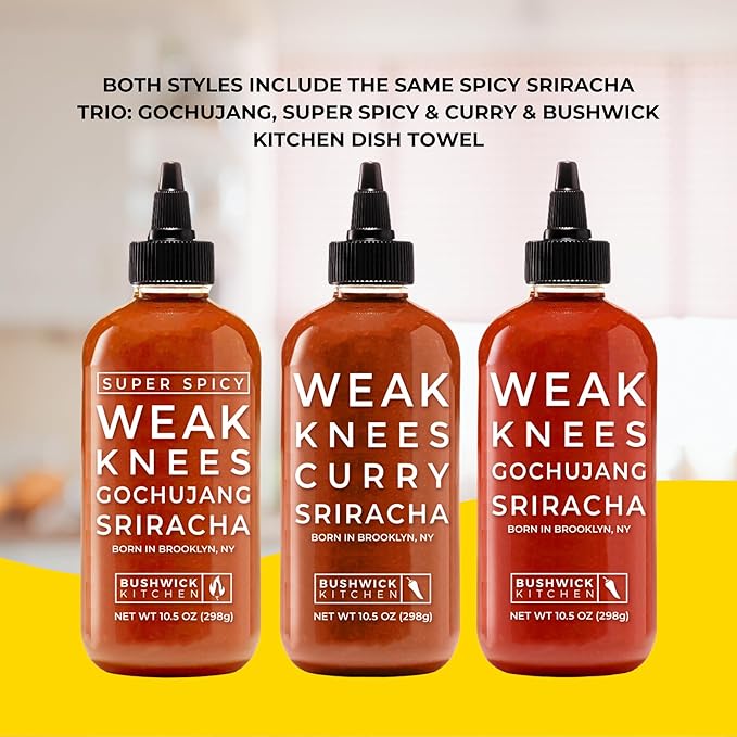 Bushwick Kitchen Sriracha Sampler Gift Box, Set Includes Gochujang Sriracha, Super Spicy Gochujang Sriracha, Curry Sriracha Hot Sauce, 5 Recipes, Chile Pepper Dish Towel, and Bushwick Kitchen Gift Box