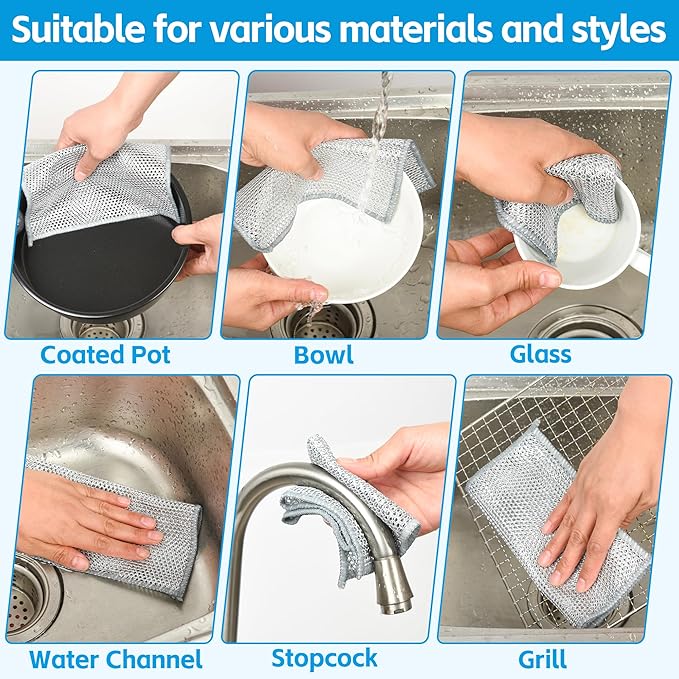 WYDZKJ 12Pack Multipurpose Wire Dishwashing Rags, Upgrade Non Scratch Wire Dishcloth, for Wet and Dry Use, Reusable Metal Scrubbing Microfiber Clean Cloths for Home/Kitchen/Stove