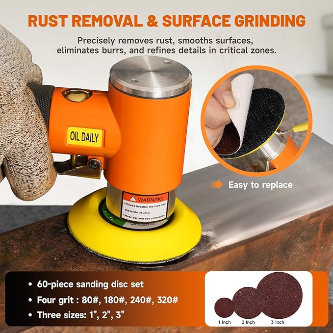 NuoDunco 1/2/3 Inch Mini Random Orbital Air Sander Kit Industrial Grade Pneumatic Sander for Auto Body Work with 60 Pcs 1"2"3" Hook & Loop Sanding Discs for Metal & Woodworking