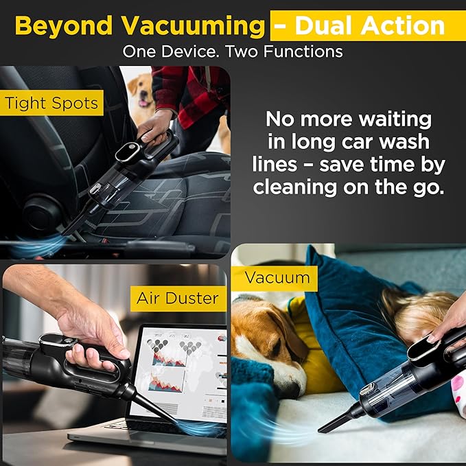 Luminoire Car Vacuum Portable Cordless, 18500Pa Cordless 2-in-1 Vacuum & Air Duster, 5000mAh Battery, 130W Brushless Motor, Handheld with LED Light, Multi Nozzles for Car, Home, Office, Pet