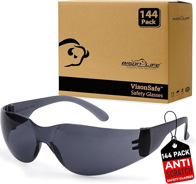 BISON LIFE Safety Glasses - Scratch Resistant Wrap Around Eyewear, Polycarbonate ANSI Z87.1 Impact Resistant Lens