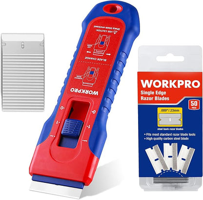 WORKPRO Retractable Razor Blade Scraper with 56 Blades, Built-in Storage Cleaning Scraper Tool for Paint Stickers Adhesive Glass Ceramic Wood