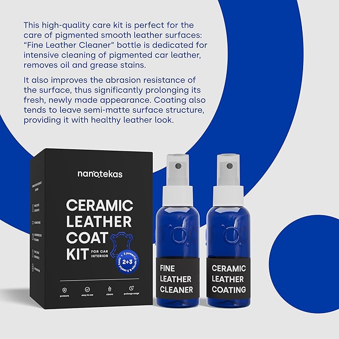 Nanotekas Leather Cleaner & Ceramic Coating Spray Kit: Long-Lasting Leather Protector for Tesla Vegan Leather, Car Seats, Furniture and Shoes – Universal Nano Ceramic Shield to Repel Dirt and Liquids
