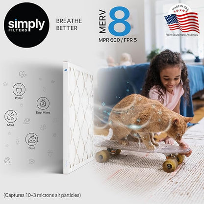 Simply 16x18x1 Air Filter, Merv 8, 6 Pack, For Home AC Furnace & HVAC (Actual Size: 15.75"x17.75"x0.75") DUST, Pet, & Allergy Control