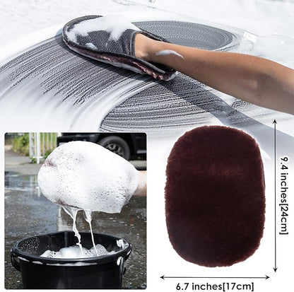 Car Wash Mitt - Ultra-Soft Faux Mutton Glove for Car Wash Kit - Gentle, Scratch-Free Cleaning for Safe Car Detailing & Paint Protection | Car Accessories | Brown | 2PCS - Japan Import