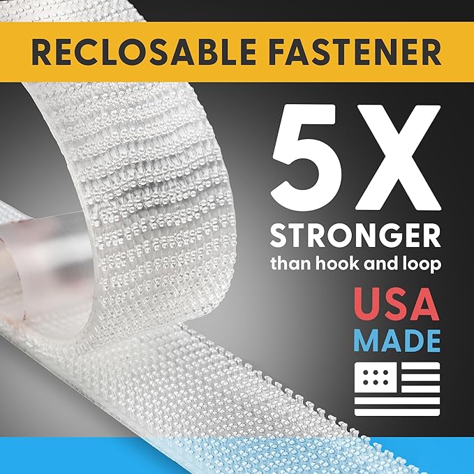 Industrial Strength 1" x 5ft Clear Scotch Self Mating Reclosable Fasteners, Stick-On Adhesive, No Tools Needed, Home Decor, Classroom, Office, Cars, Indoor-Outdoor Waterproof Compatible with SJ3560