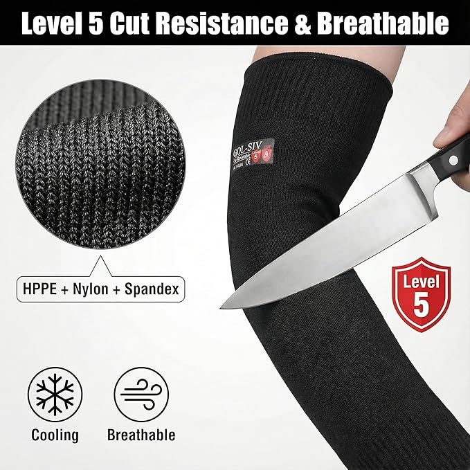 GOL-SIV Arm Protectors For Thin Skin And Bruising, Cut Resistant Sleeves For Men Women, A5 Level Farmer Sleeve For Gardening (Black & Grey, 17.7 In - 2pairs)