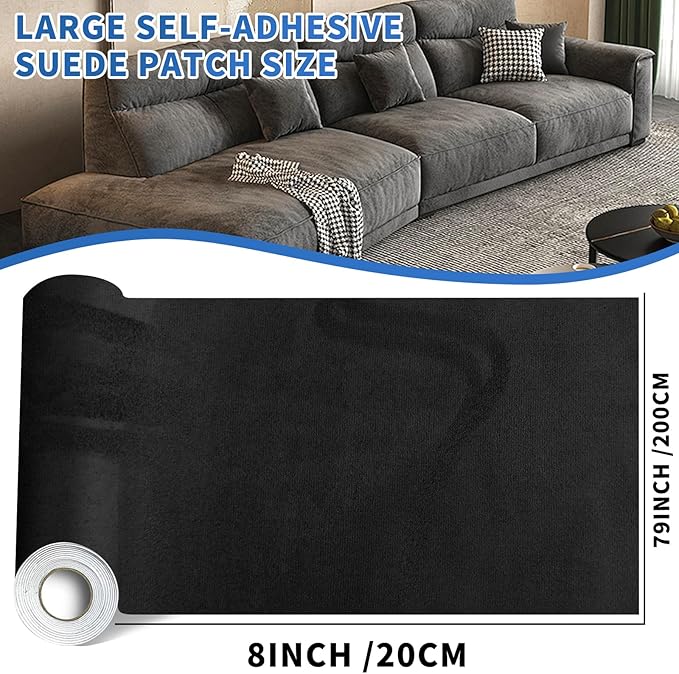 Suede Repair Patch, Large Faux Suede Leather Fabric，Self-Adhesive Fabric Patches for Furniture, Couch, Sofa, Car Interior, Shoes, Hand Bag, Jewelry Boxes ﻿ (Black, 8x79 inch)