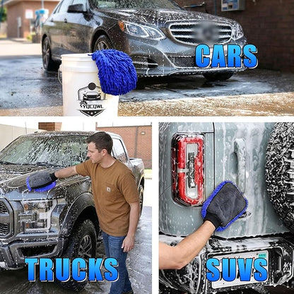 Premium Car Wash Drying Mitt, 2-in-1 Dual-Side Chenille Microfiber Gloves for Auto Detailing, Car Sponge Wrapped in Soft, Machine Washable (2Pack) (Blue)
