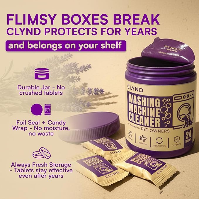 CLYND Washing Machine Cleaner Tablets 24 Pack for HE Front Load, Top Load Washing Machine Cleaning Tablets Descaler and Deodorizer, Formulated for Pet Owners, 1 Year Supply Laundry Washer Cleaner