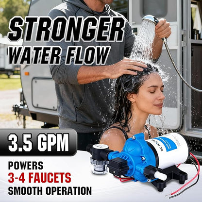 DC HOUSE 12V RV Water Diaphragm Pump Quiet Replacement, 3.5GPM 45PSI On Demand Self Priming Fresh Water Pump with Pressure Switch for Camper, Marine, Boat, Travel Trailer & Off-Grid Use