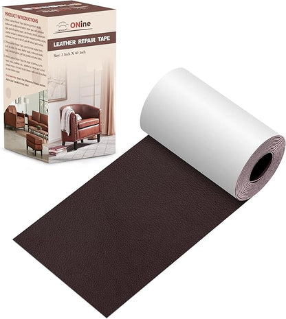 ONine Leather Repair Patch，Leather Repair Tape, 3 x 60 inches Leather Repair Patch for Furniture,Vinyl Repair Kit，Leather Couch Patch，for Sofas, Furniture, Car Seats, Office Chairs(Dark Reddish Brown)