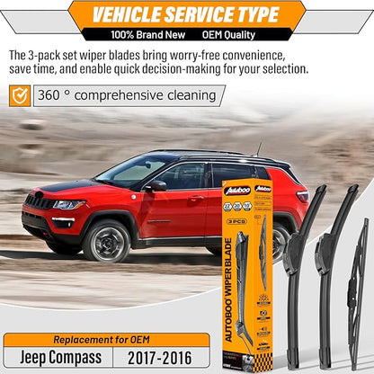 AUTOBOO 22"+20" Windshield Wipers with 10" Rear Wiper Blade Replacement for Jeep Compass 2016 2017 -Original Factory Quality (Pack of 3)
