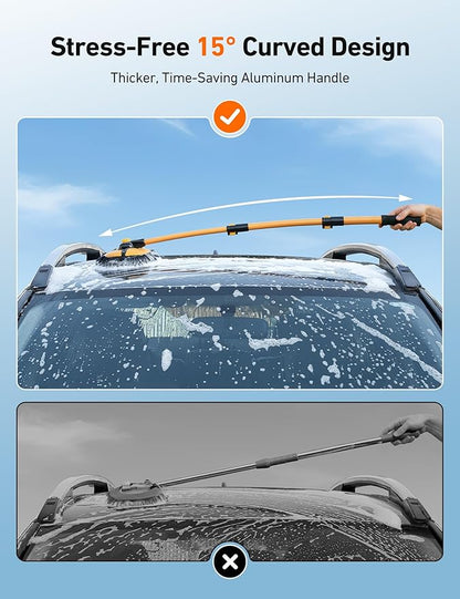 AstroAI 15°Curved Car Wash Brush with 43" Long Handle and 90° Rotating Replaceable Brush Head, Car Wash Kit with Microfiber Towel and Tire Brush for Car, SUV, RV, Floor Cleaning, Yellow
