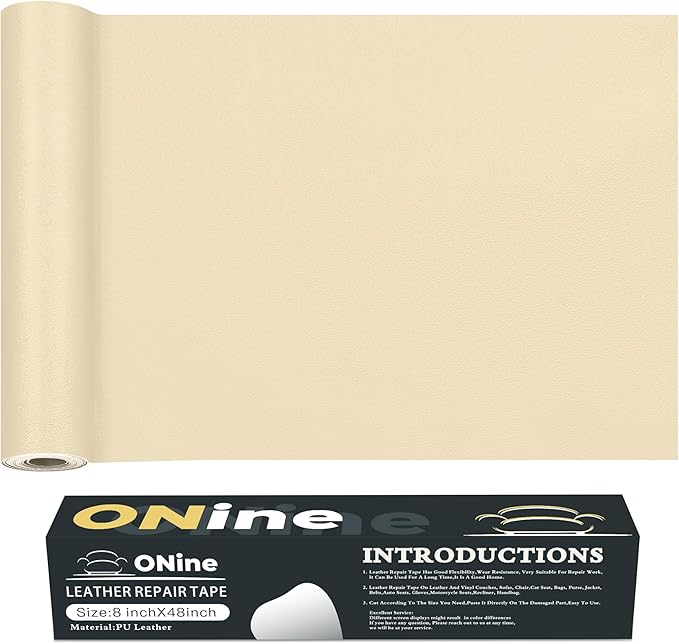 ONine Leather Repair Tape,Self Adhesive Leather Repair Patch,Leather Patches for Furniture,Sofa,Car Seats,Office Chair. Vinyl Repair Kit 8x48in(White Khaki)