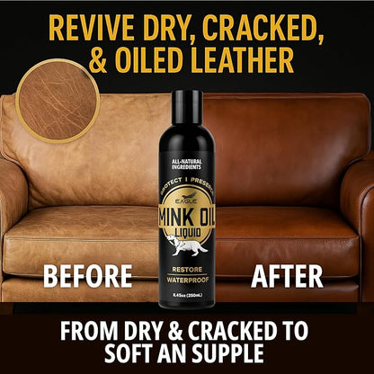 Eagle Mink Oil Liquid Leather Conditioner 8oz with Cloth – Softens, Waterproofs & Preserves Boots, Shoes, Bags, Jackets & Furniture – Natural Leather & Vinyl Conditioner for Long-Lasting Protection