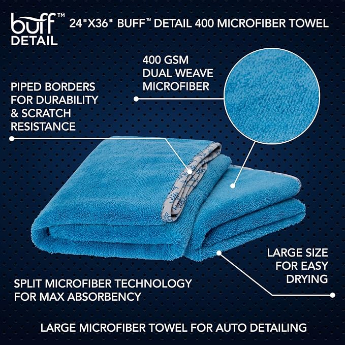 Detail Microfiber Car Towels Bulk (24"x 36") | 400 GSM | 80/20 Blend | Tagless | Soft Satin Piped Edges | All-Purpose Auto Detailing - Wax, Buff, Polish, Wash, Dry | Case of 64 (Blue)