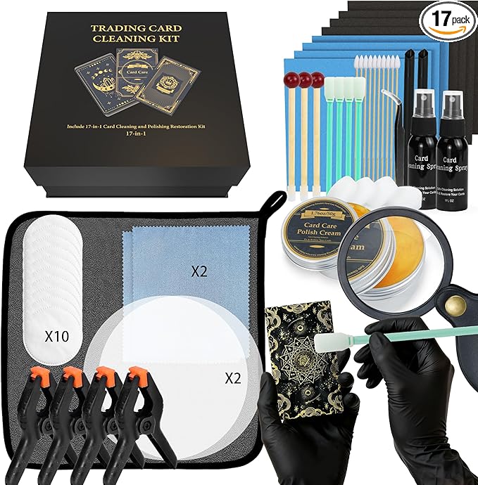 SFAED Card Care Clean Kit,17-in-1 Card Cleaning and Polishing Restoration Kit, Trading Card Cleaning Box with Cleaning Spray and Balck Nitrile Gloves, Suitable for Surface Card Care&Flatten Edges