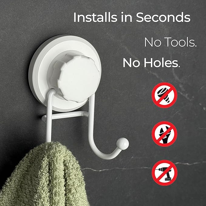 HASKO Suction Cup Hook for Shower, Stainless Steel Bathroom Suction Towel Hooks Hanger, Organizer for Towel, Bathrobe and Loofah, Includes Optional No Drill Adhesive Mount for Inside Shower, White
