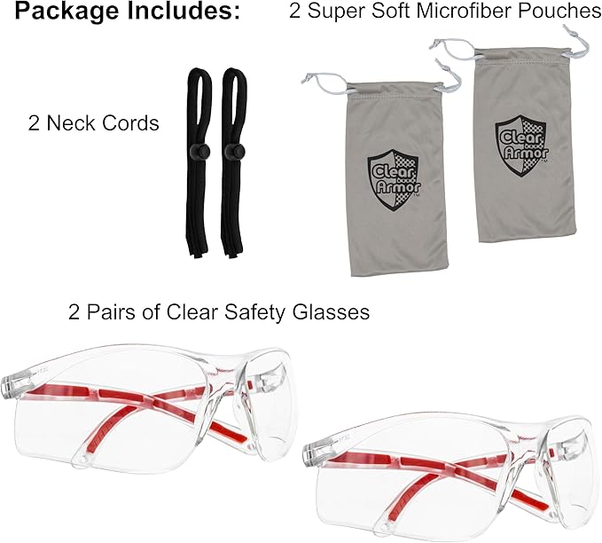 Clear Eye Protection Safety Glasses - Comfort Eyewear with Our Superlite, Super Clear Lens Technology (2 Clear Pair, 2 Cases, 2 Neck Cords)…