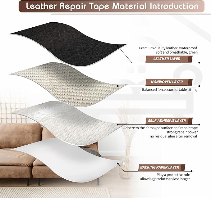 KING MOUNTAIN Leather Repair Patch,12 x 60 Inches self Adhesive Leather Repair Tape for Damaged Leather Furniture, Sofa Seating,Car Seats, Leather Goods（Fine Grained Black）