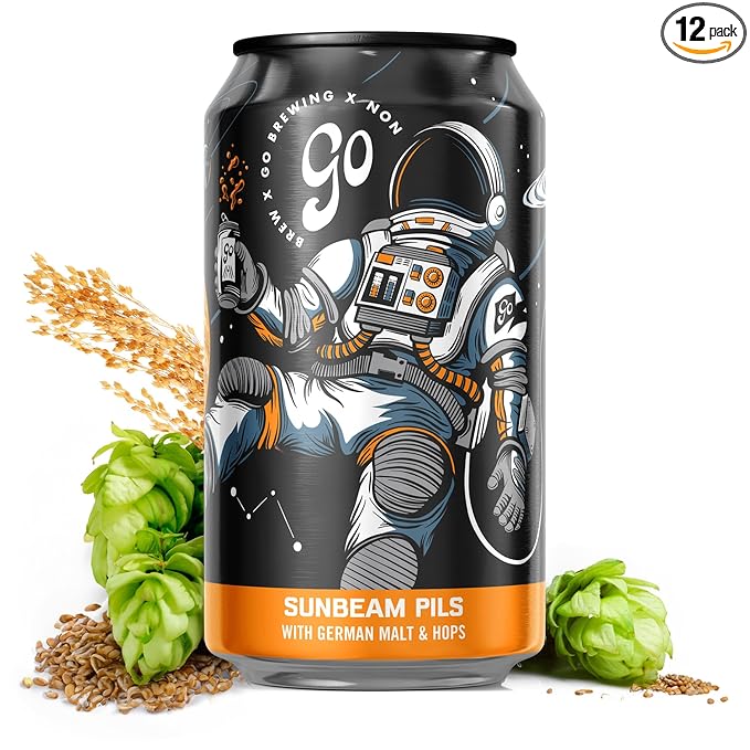 Go Brewing Non-Alcoholic Beer - Small Batch, Low-Calorie Brew - Fresh, Light, and Floral Profile - Bold & Smooth Finish Craft Beer - Classic Ingredients - Suspended in a Sunbeam Pils (12 Oz, 12 Cans)
